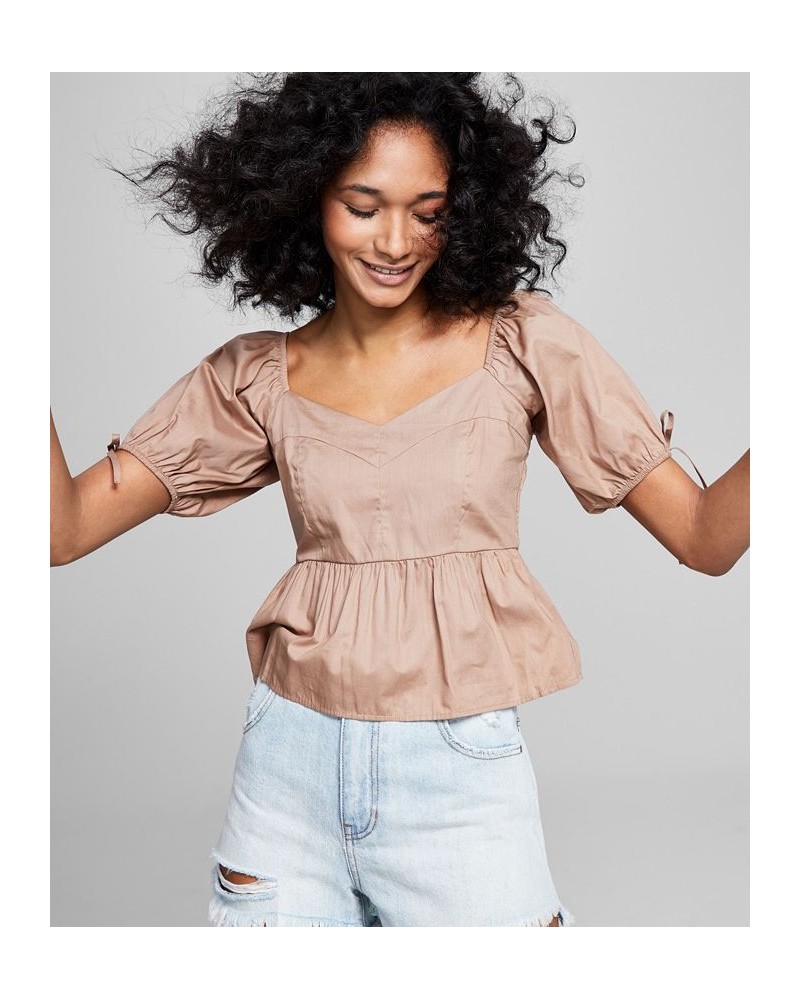 Women's Cotton Peplum-Hem Puffed-Sleeve Top Tan/Beige $24.50 Tops