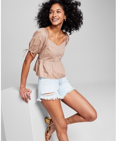 Women's Cotton Peplum-Hem Puffed-Sleeve Top Tan/Beige $24.50 Tops