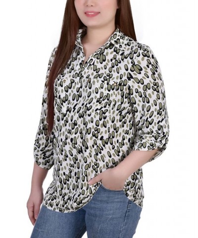 Women's 3/4 Ruched Sleeve Studded Y-neck Top Green Abstract Dots $13.86 Tops