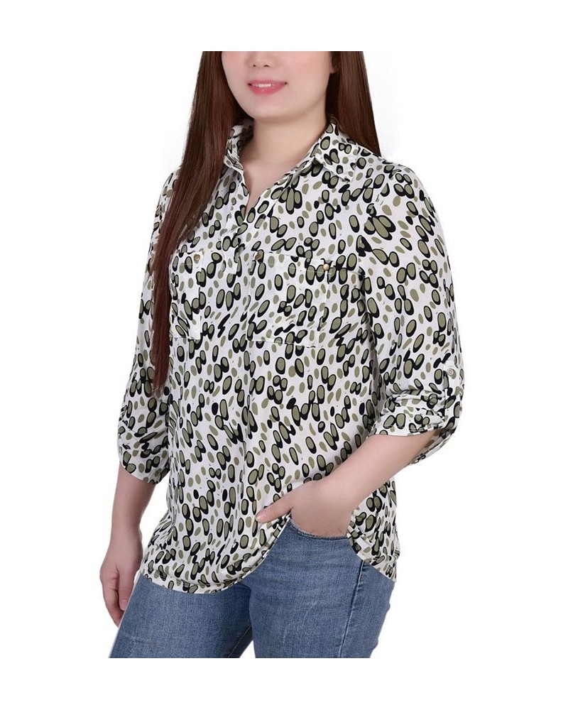 Women's 3/4 Ruched Sleeve Studded Y-neck Top Green Abstract Dots $13.86 Tops