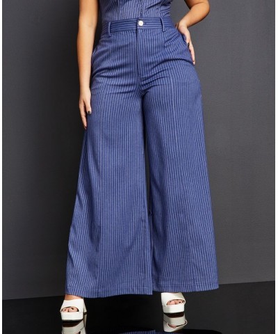 Women's Pinstriped Wide-Leg Pants Blue White Pinstripe $25.48 Pants