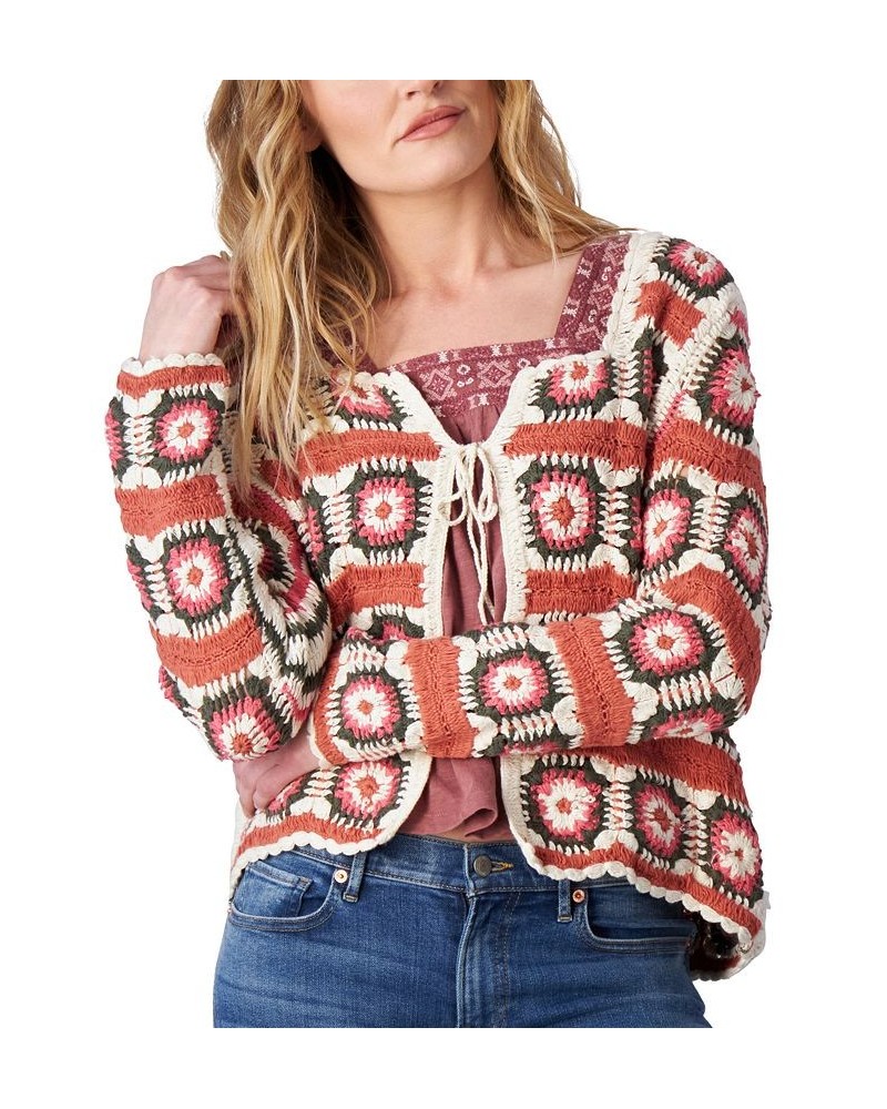 Women's Cotton Tie-Front Crochet Cardigan Slate Rose Multi $49.29 Sweaters