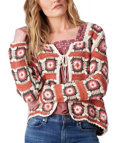 Women's Cotton Tie-Front Crochet Cardigan Slate Rose Multi $49.29 Sweaters