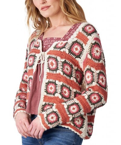 Women's Cotton Tie-Front Crochet Cardigan Slate Rose Multi $49.29 Sweaters