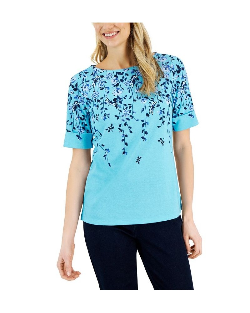 Petite Floral-Print Boat-Neck Top Blue $22.91 Tops