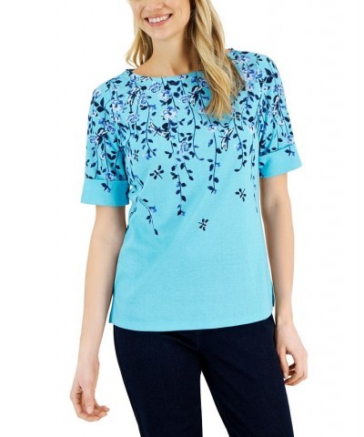 Petite Floral-Print Boat-Neck Top Blue $22.91 Tops