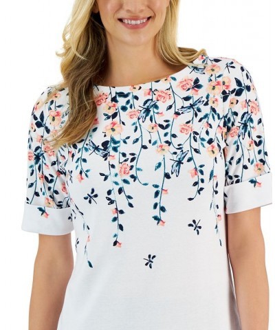 Petite Floral-Print Boat-Neck Top Blue $22.91 Tops