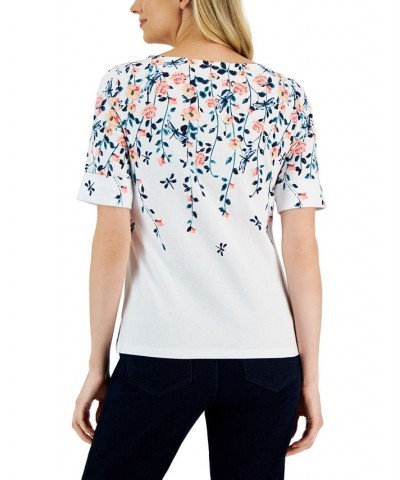 Petite Floral-Print Boat-Neck Top Blue $22.91 Tops