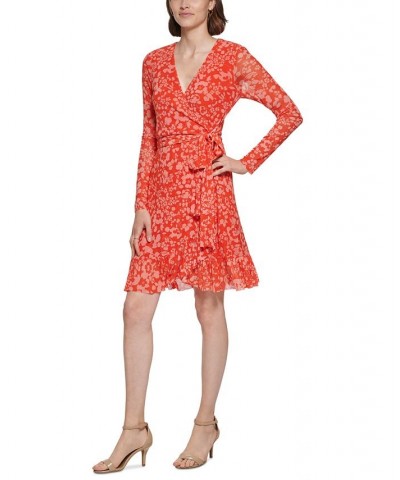 Women's Colette Floral Print Faux-Wrap Mesh Dress Grenadine Multi $64.50 Dresses