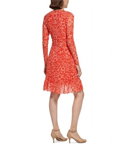 Women's Colette Floral Print Faux-Wrap Mesh Dress Grenadine Multi $64.50 Dresses