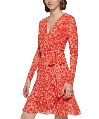 Women's Colette Floral Print Faux-Wrap Mesh Dress Grenadine Multi $64.50 Dresses