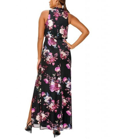 Women's Floral-Print Mock-Neck Gown Black Multi $91.96 Dresses
