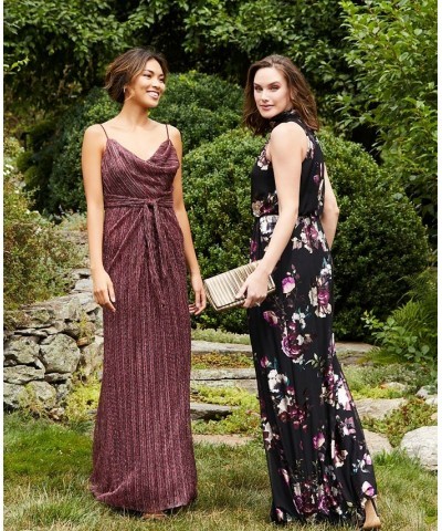 Women's Floral-Print Mock-Neck Gown Black Multi $91.96 Dresses