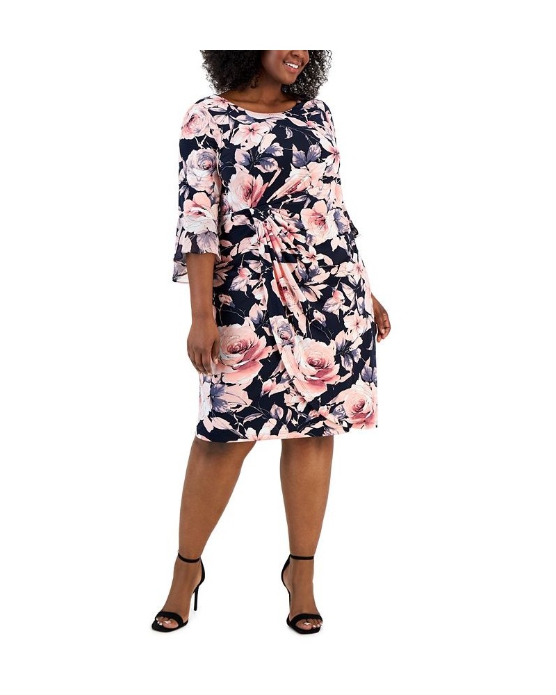 Plus Size Printed 3/4-Sleeve Side-Tab Dress Navy/Mauve $42.72 Dresses