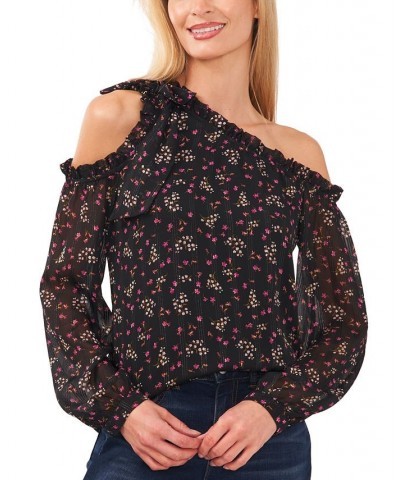 Women's Printed Cold-Shoulder Bow Blouse Black $17.58 Tops