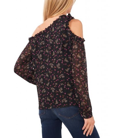 Women's Printed Cold-Shoulder Bow Blouse Black $17.58 Tops