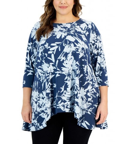 Plus Size Printed 3/4-Sleeve Draped-Hem Top Blue $16.70 Tops