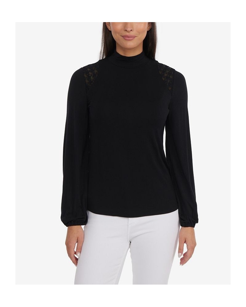 Women's Mock Neck Top with Blouson Sleeves Black $39.16 Sweaters