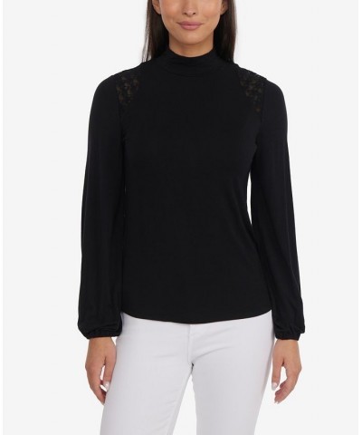 Women's Mock Neck Top with Blouson Sleeves Black $39.16 Sweaters
