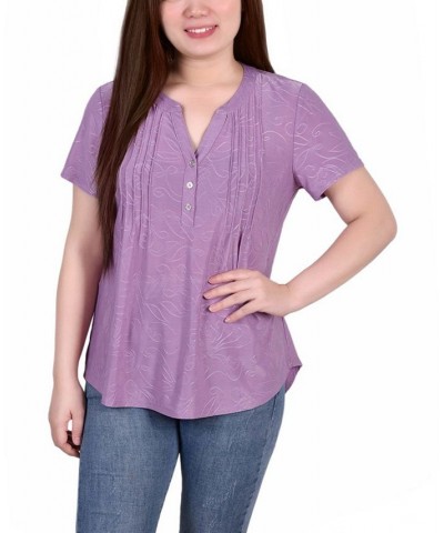 Women's Short Sleeve Y-Neck Jacquard Knit Top Lilac $16.96 Tops