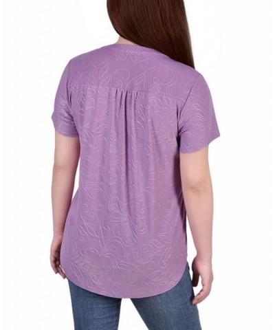 Women's Short Sleeve Y-Neck Jacquard Knit Top Lilac $16.96 Tops
