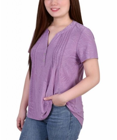 Women's Short Sleeve Y-Neck Jacquard Knit Top Lilac $16.96 Tops