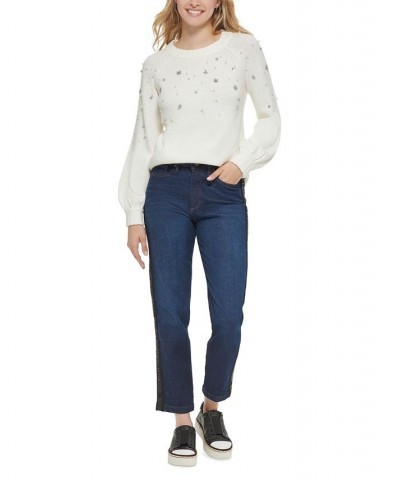Women's Embellished Crew-Neck Sweater Soft White $23.10 Sweaters