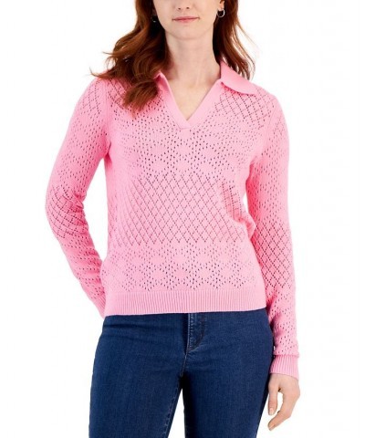 Women's Collared Pullover Sweater Pink $21.55 Sweaters