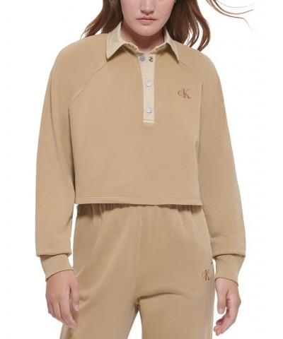 Women's Cotton Polo Sweatshirt Tan/Beige $22.23 Sweatshirts