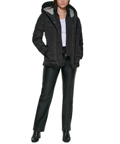 Women's Knit Hooded Puffer Coat Black $75.20 Coats