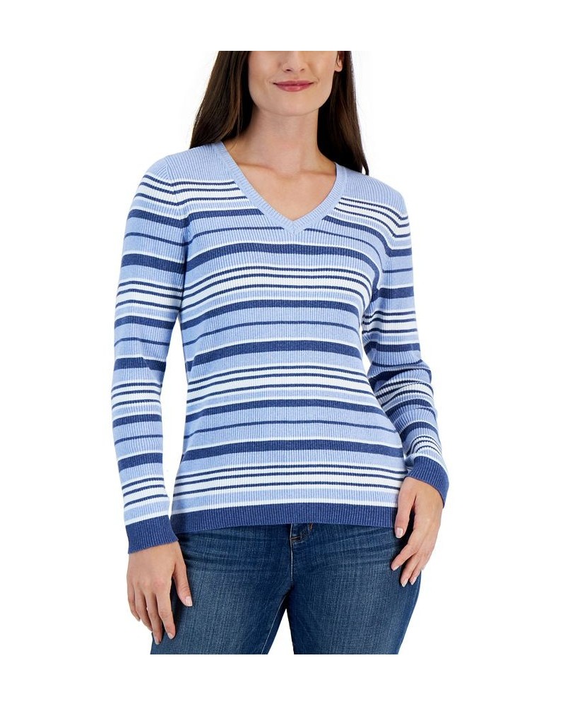 Petite Cotton V-Neck Ribbed Sweater Blue $9.17 Sweaters