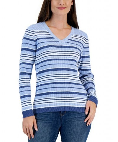 Petite Cotton V-Neck Ribbed Sweater Blue $9.17 Sweaters