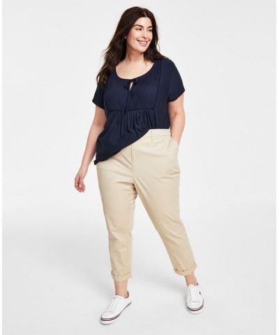 Plus Size Knit Short-Sleeved Pintucked Top & TH Flex Hampton Chino Pants Khaki $28.36 Outfits