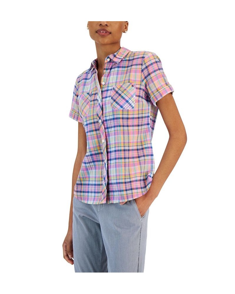 Women's Cotton Plaid Pocket Camp Shirt Pink $27.74 Tops