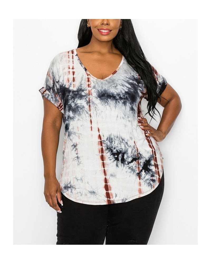 Plus Size Hand Tie Dye V-Neck Rolled Sleeve Top Gray/Rust $21.45 Tops