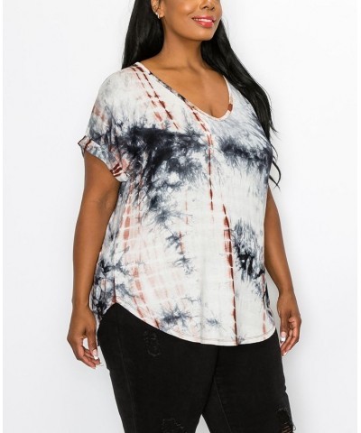Plus Size Hand Tie Dye V-Neck Rolled Sleeve Top Gray/Rust $21.45 Tops