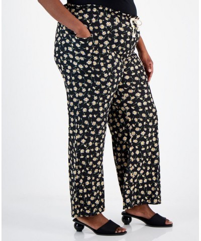 Trendy Plus Size Drawstring Waist Pull-On Pants Black Beauty Daisies $10.50 Pants