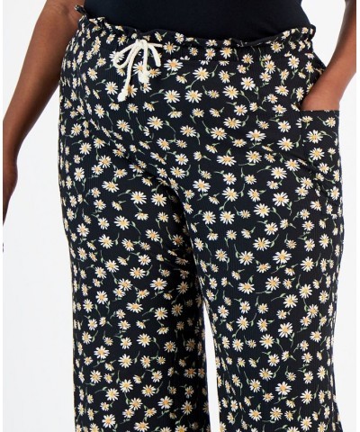 Trendy Plus Size Drawstring Waist Pull-On Pants Black Beauty Daisies $10.50 Pants
